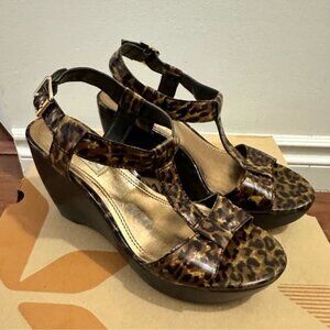 Leopard Print Open Toe Wedges Gold Buckle Side 4 Inches Brown Base